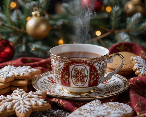 Festive Tea Scene with Cookies and Holiday Decor