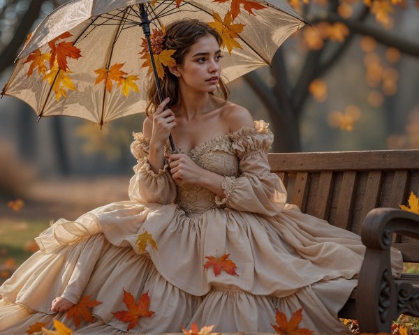 Young Woman in Elegant Gown in Autumn Park Setting