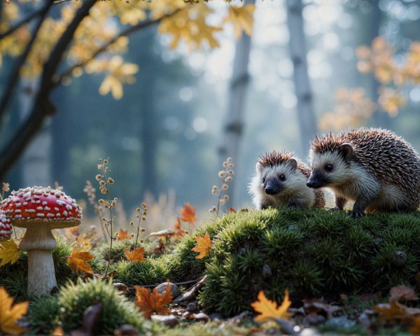 Hedgehogs in a Forest with Moss and Toadstools