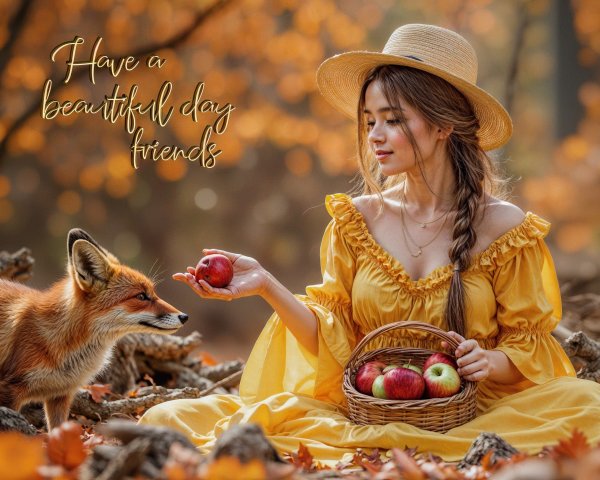 Young woman in yellow dress with apples and fox