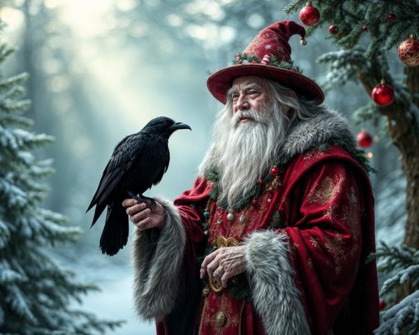 Elderly Man in Red Robe with Raven in Snowy Forest