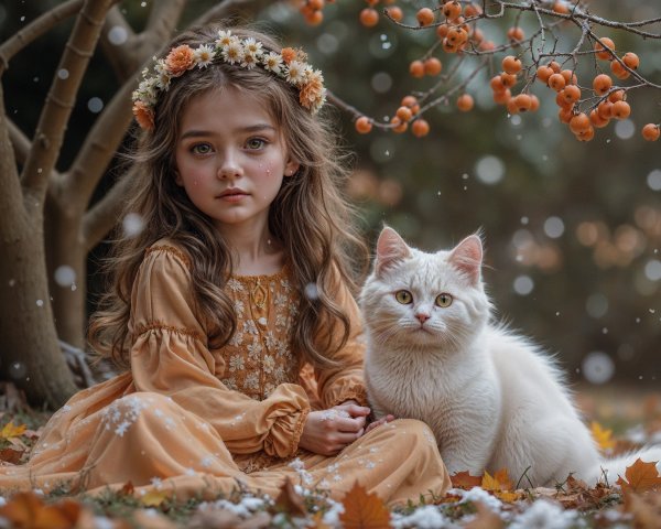 Young girl in amber dress with cat in autumn leaves