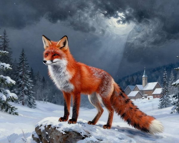 Red Fox in Winter Landscape Oil Painting Description