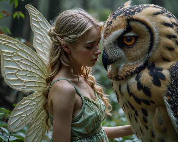 Fairy Wings and Owl in a Mystical Forest Scene