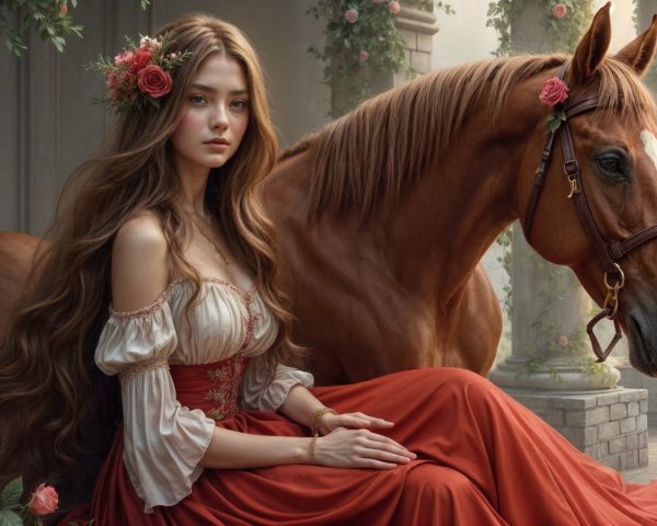 Young Woman in Red Dress with Chestnut Horse in Garden