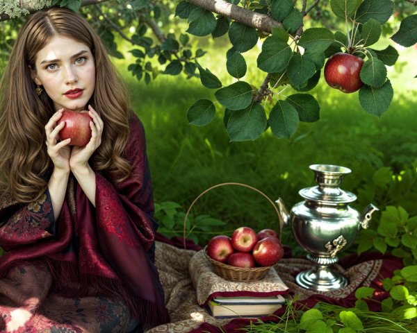 Young woman with apple under a tree in serene setting