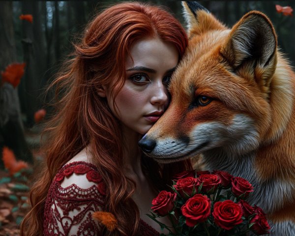 Young Woman with Fox in Mystical Autumn Forest