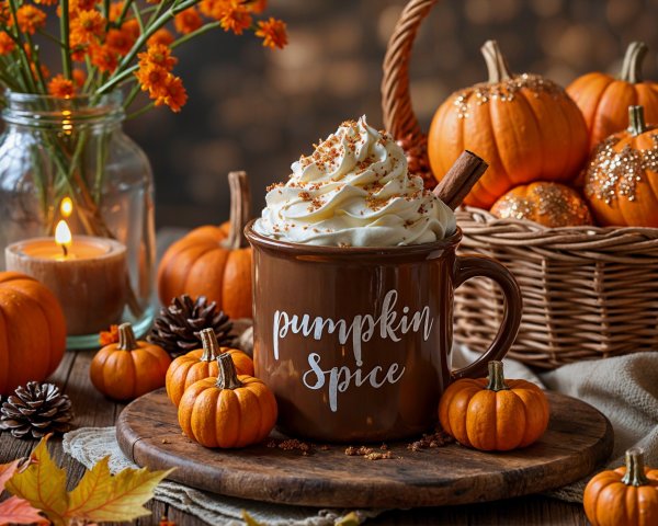 Cozy Autumn Scene with Pumpkin Spice Mug and Decor