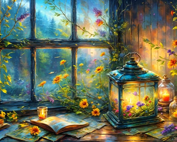Serene Window Scene with Wildflowers and Lanterns