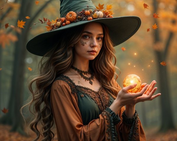 Young witch in enchanted forest with glowing orb