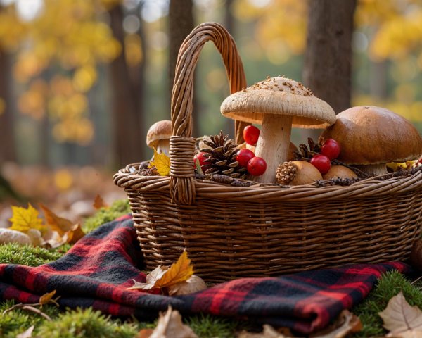 Woven Basket with Mushrooms and Berries in Autumn Woods
