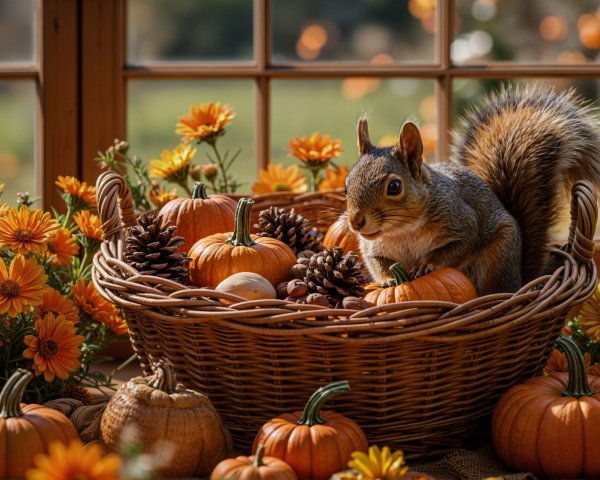 Squirrel in Basket Surrounded by Autumn Decor