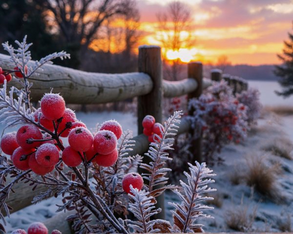 Winter Landscape with Frosted Berries and Sunrise