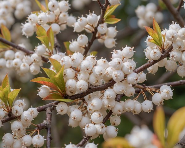 Close-Up of Branch with White Berries and Colorful Leaves