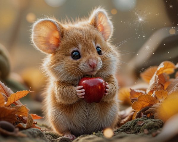 Fluffy Mouse with Apple in Autumn Leaves Scene