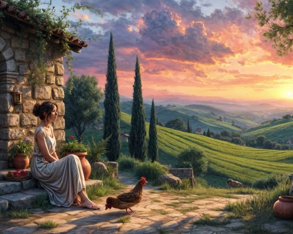 Serene rural scene with woman by rustic cottage