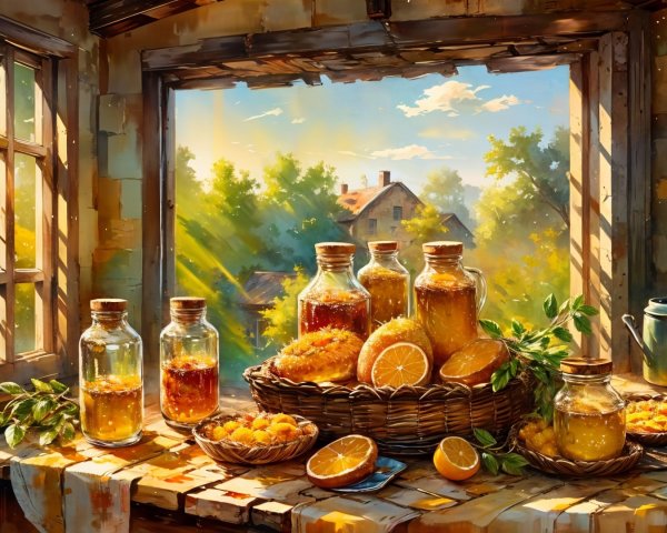 Rustic Kitchen with Honey, Preserves, and Oranges