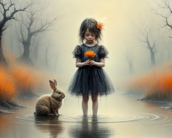 Young girl in black dress with orange flower in water
