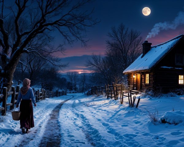 Winter Night Scene with Cabin and Snowy Pathway