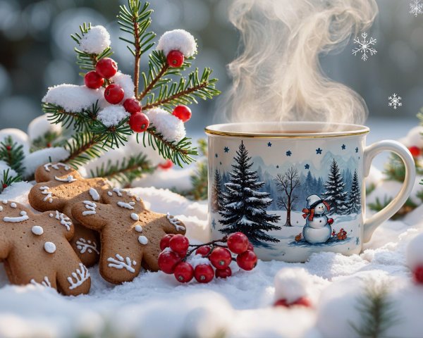 Cozy Winter Scene with Tea and Gingerbread Cookies