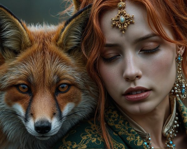 Woman with Red Hair and Fox in Enchanting Setting