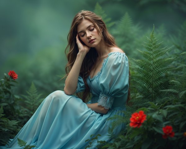 Young woman in blue dress among lush greenery and flowers