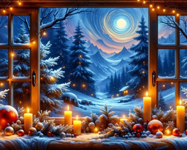Cozy Winter Scene with Snowy Landscape and Decorations