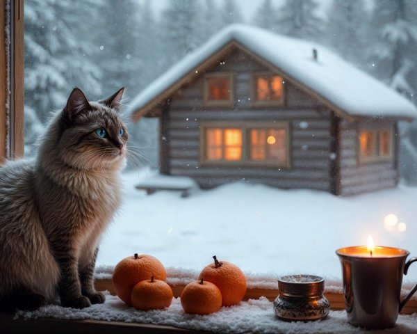 Cozy Winter Scene with Cat by Snowy Window