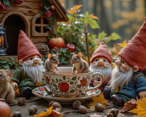 Whimsical Autumn Scene with Gnomes and Forest Friends