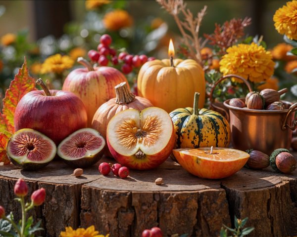 Autumn Harvest Display with Fruits and Vegetables
