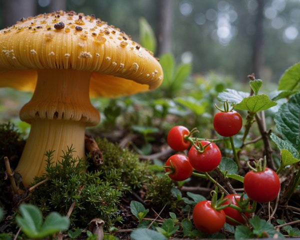 Vibrant Yellow Mushroom and Red Tomatoes in Forest