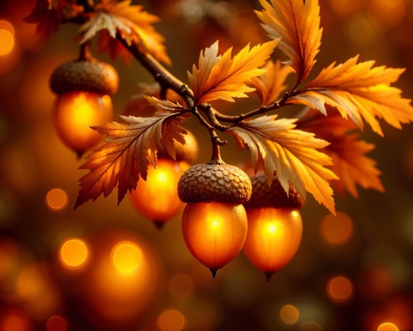 Close-up of Autumn Leaves and Acorns on a Branch