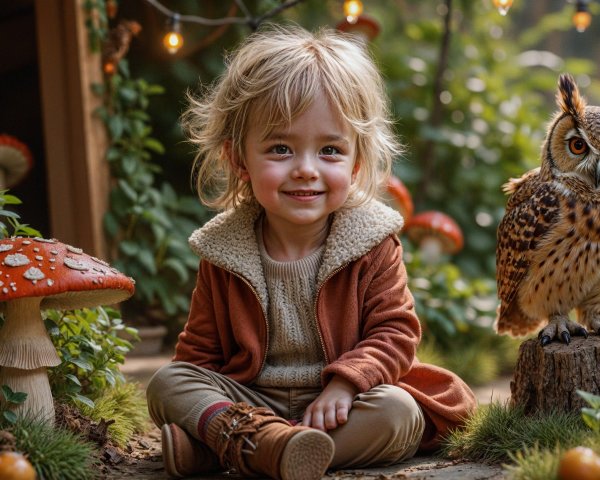 Child with Curly Hair Surrounded by Mushrooms and Owl