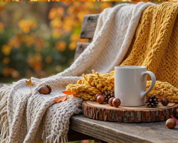 Cozy Park Bench Scene with Autumn Leaves and Blankets