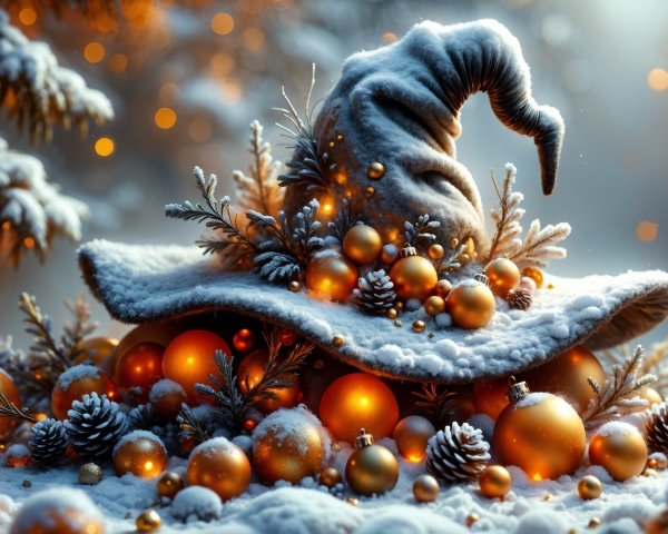 Whimsical Winter Scene with Ornate Hat in Snow