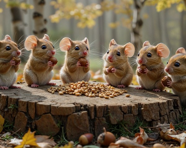 Adorable Mice Gather in Autumn Forest Glade