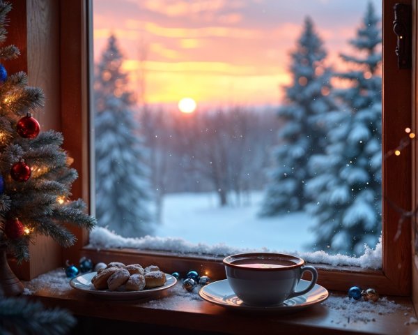 Cozy Winter Scene with Snow and Christmas Decor