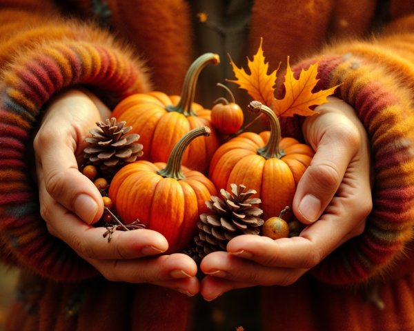 Autumn Scene with Pumpkins, Leaves, and Pine Cones