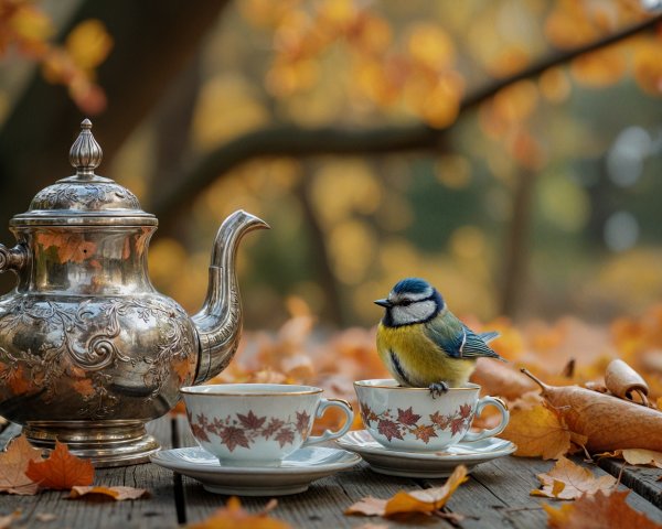 Autumn Scene with Teapot, Teacups, and Leaves