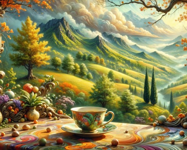 Vibrant Autumn Landscape with Teacup and Fruits