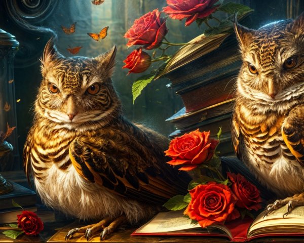Owls on Books in a Cozy Library with Roses and Lantern