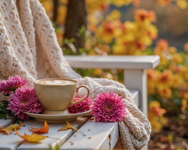 Cozy White Bench Surrounded by Autumn Foliage