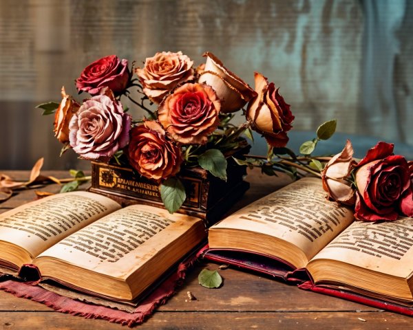Rustic Table with Open Books and Dried Roses