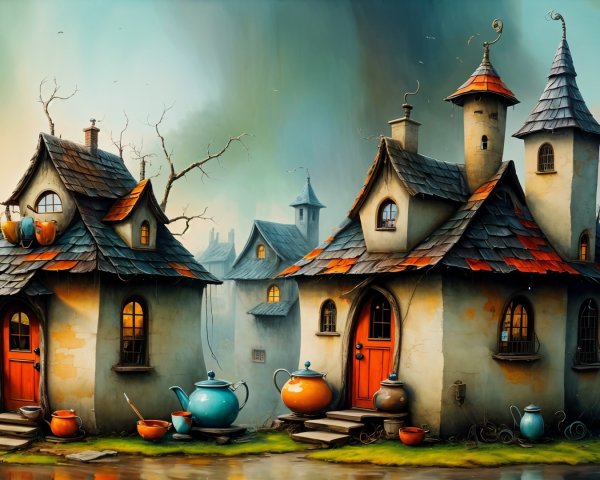 Whimsical Village with Fairy-Tale Cottages and Teapots