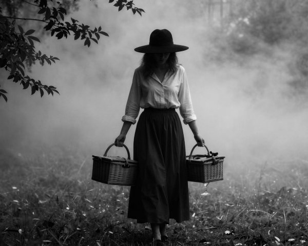 Mysterious Woman in Black Hat with Picnic Baskets