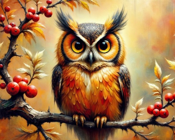 Majestic owl with orange feathers on a branch