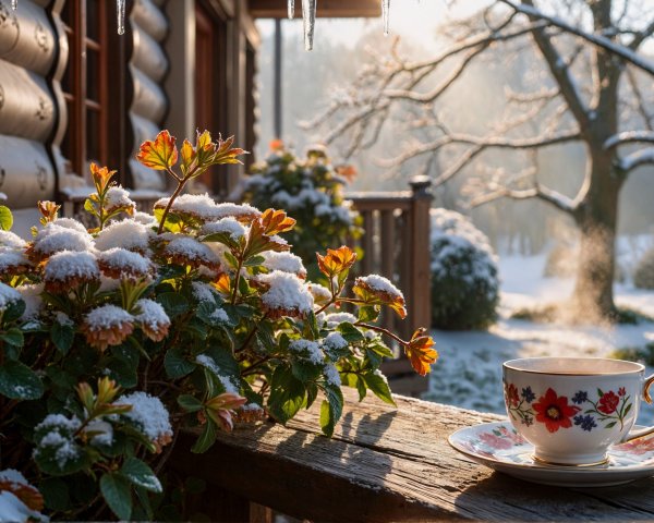 Cozy Cabin in Serene Winter Landscape with Flowers