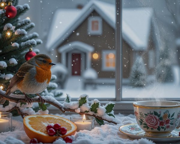 Cozy Winter Scene with Bird and Festive Decor