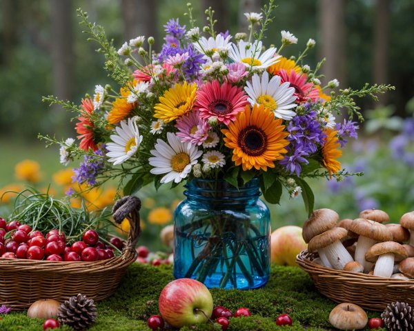 Vibrant Floral Arrangement in Blue Jar with Fruits