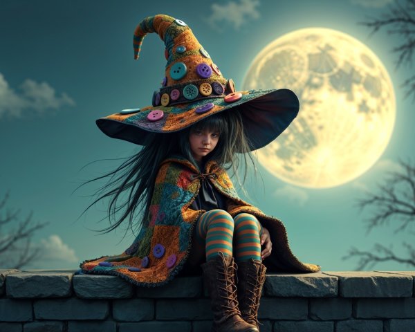 Young girl in witch hat on stone wall at night